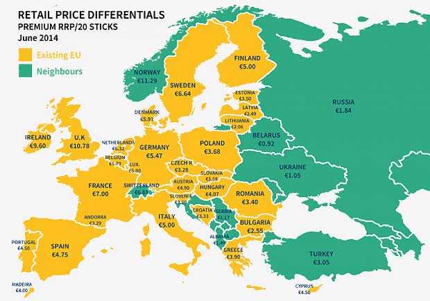 Цены на сигареты в Европе